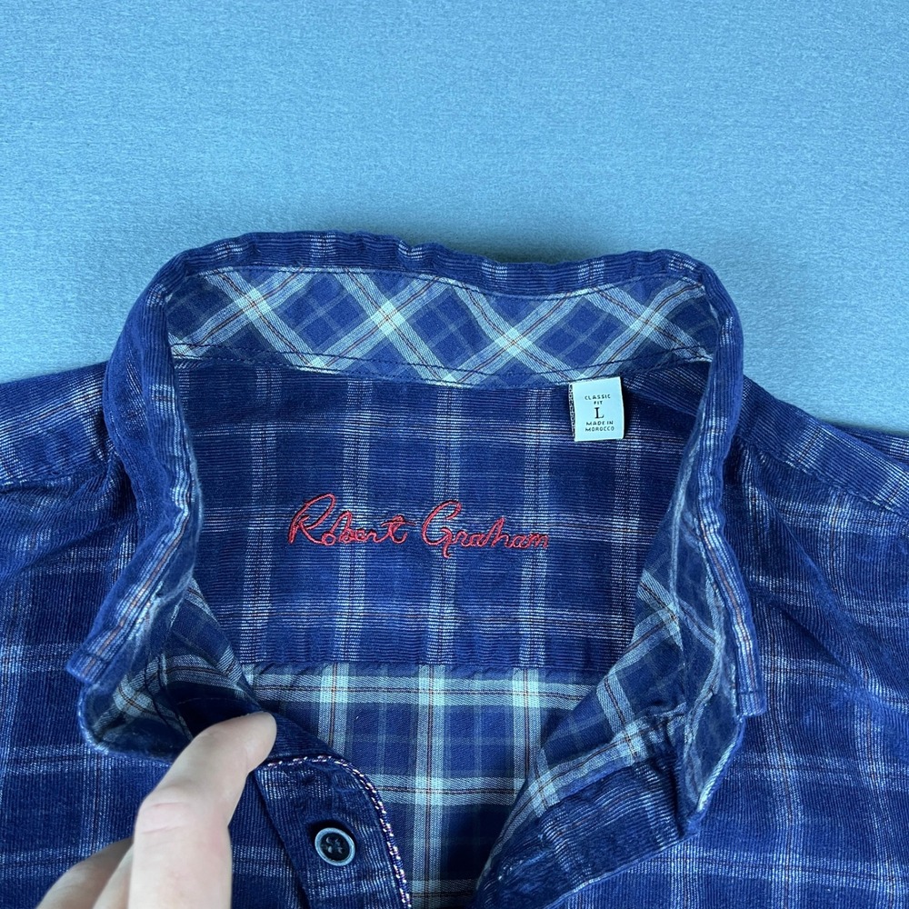 Robert Graham Mens Blue Plaid Corduroy Long Sleeve Button Down Shirt Classic L - Picture 2 of 8